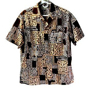 Vintage Malihini Hawaii Men's Hawaiian Shirt Tiki Aloha Pattern Brown Gold